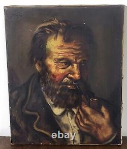 Old painting signed. Character's head. Oil painting on canvas