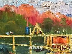 Old painting signed Émile Cambiaggio oil on canvas 1905 Pontoon on the Seine