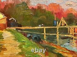 Old painting signed Émile Cambiaggio oil on canvas 1905 Pontoon on the Seine