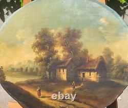 Old painting signed French School Animated Landscape Oil Painting on Panel