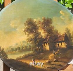 Old painting signed French School Animated Landscape Oil Painting on Panel