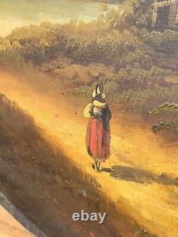 Old painting signed French School Animated Landscape Oil Painting on Panel