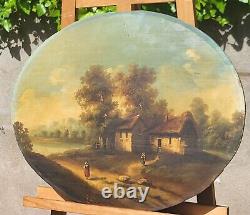 Old painting signed French School Animated Landscape Oil Painting on Panel