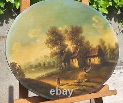 Old painting signed French School Animated Landscape Oil Painting on Panel