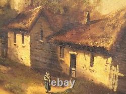 Old painting signed French School Animated Landscape Oil Painting on Panel