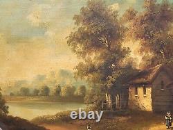 Old painting signed French School Animated Landscape Oil Painting on Panel