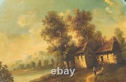 Old painting signed French School Animated Landscape Oil Painting on Panel