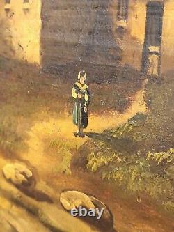 Old painting signed French School Animated Landscape Oil Painting on Panel