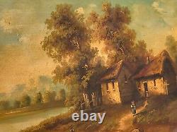 Old painting signed French School Animated Landscape Oil Painting on Panel
