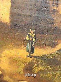 Old painting signed French School Animated Landscape Oil Painting on Panel