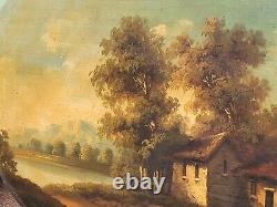 Old painting signed French School Animated Landscape Oil Painting on Panel