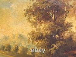 Old painting signed French School Animated Landscape Oil Painting on Panel