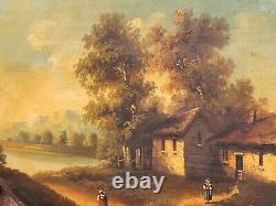 Old painting signed French School Animated Landscape Oil Painting on Panel
