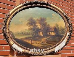 Old painting signed French School Animated Landscape Oil Painting on Panel