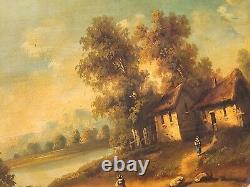 Old painting signed French School Animated Landscape Oil Painting on Panel