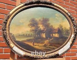 Old painting signed French School Animated Landscape Oil Painting on Panel