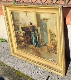 Old painting signed. Genre Scene. Oil painting on canvas.