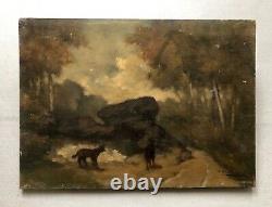 Old painting signed J. Annedouche, Wolves on a Path, Oil on Panel, 19th Century