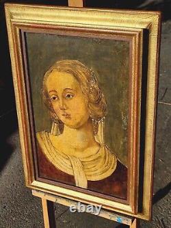 Old painting signed Noblewoman Oil painting on wooden panel