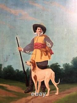 Old painting signed Rossi 1897, Hunter and his dog, Oil on panel, 19th century