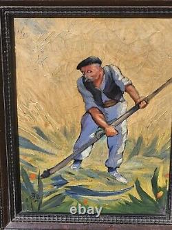 Old painting signed The Reaper in the Fields Oil on canvas