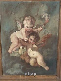 Old painting signed Two Cherubs and a Dove Oil on Canvas