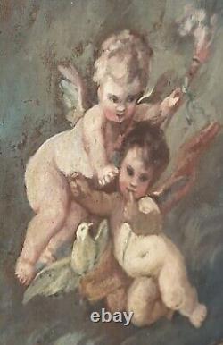 Old painting signed Two Cherubs and a Dove Oil on Canvas