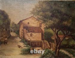 Old painting signed, mid 20th century, oil on canvas, landscape of a farm