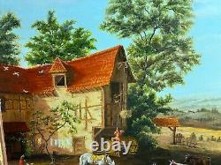 Old painting signed, rural landscape, farm, animals, with its golden frame