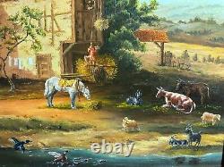 Old painting signed, rural landscape, farm, animals, with its golden frame
