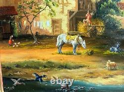 Old painting signed, rural landscape, farm, animals, with its golden frame