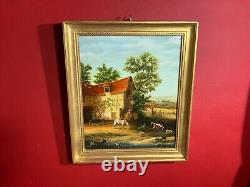 Old painting signed, rural landscape, farm, animals, with its golden frame