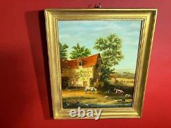 Old painting signed, rural landscape, farm, animals, with its golden frame