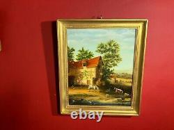 Old painting signed, rural landscape, farm, animals, with its golden frame