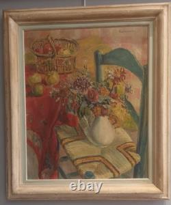 Old painting still life with fruits and flowers