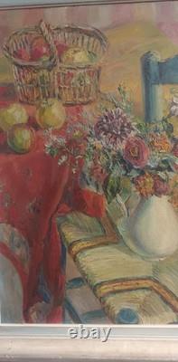 Old painting still life with fruits and flowers