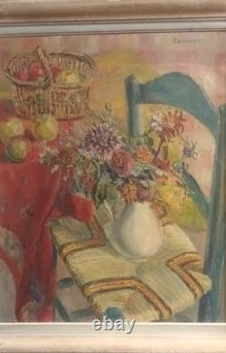 Old painting still life with fruits and flowers