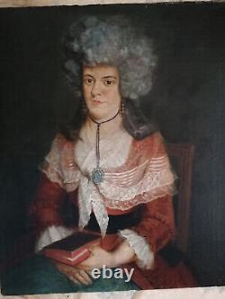 Old portrait painting of a lady in oil on canvas 18th century
