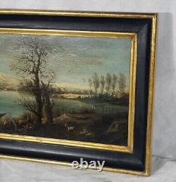 Old signed painting. Animated Lakeshore. Oil painting on canvas