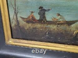 Old signed painting. Animated Lakeshore. Oil painting on canvas