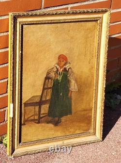 Old signed painting. Dated 1866. Child portrait. Oil painting on canvas.