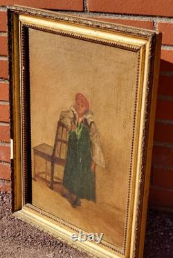 Old signed painting. Dated 1866. Child portrait. Oil painting on canvas.