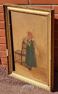 Old signed painting. Dated 1866. Child portrait. Oil painting on canvas.