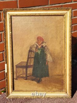 Old signed painting. Dated 1866. Child portrait. Oil painting on canvas.