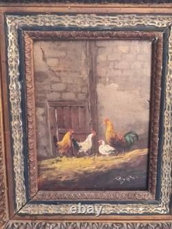 Old signed painting. Farmyard scene with hens and a rooster. Oil on panel