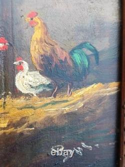 Old signed painting. Farmyard scene with hens and a rooster. Oil on panel
