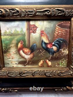 Old signed painting. Farmyard scene with hens and a rooster. Oil painting on canvas