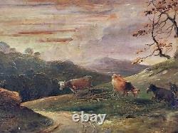 Old signed painting. Grazing cows. Oil painting on wood panel 19th century