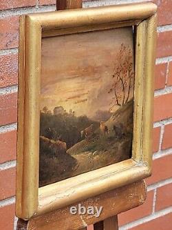 Old signed painting. Grazing cows. Oil painting on wood panel 19th century