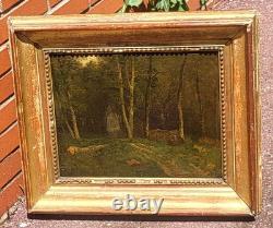 Old signed painting. Landscape Under Wood. Oil painting on canvas.